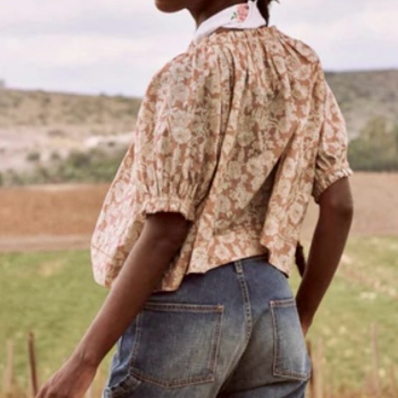 THE GREAT. Garland Floral Off-Shoulder Blouse Beige/Tan Size 2 Medium - Picture 2 of 9